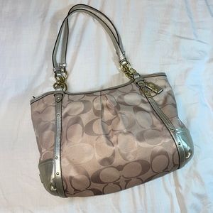 Coach Alexandra Signature Tote Purse Beige Ombré Metallic Champagne Leather Trim
